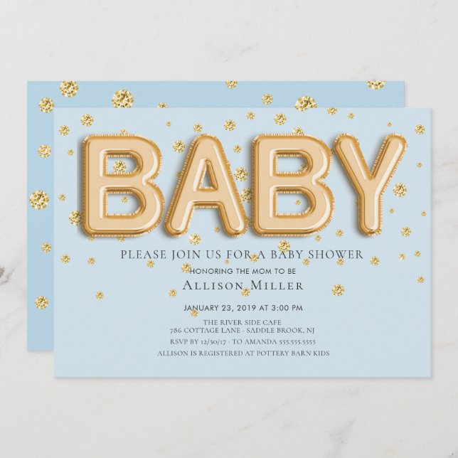 Gold Foil Balloons Boys Baby Shower Invitation (Front/Back)