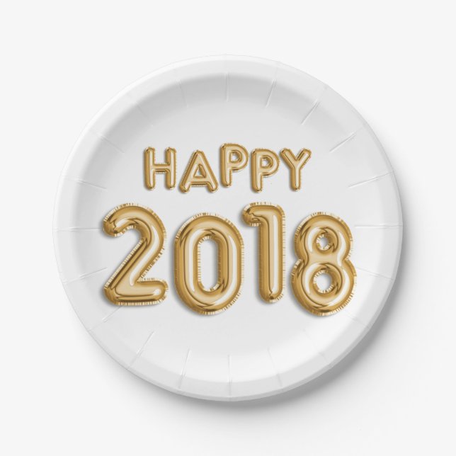 Gold Foil Balloons Happy 2018 | New Year Eve Party Paper Plate (Front)