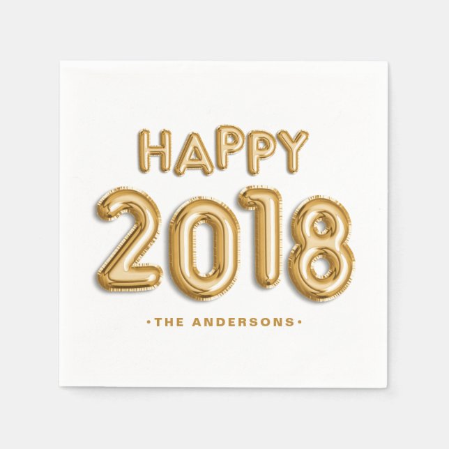 Gold Foil Balloons Happy 2018 Personalized Napkin (Front)