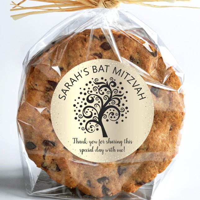 Gold Foil Bat Mitzvah Black Tree of Life Script Classic Round Sticker (Creator Uploaded)