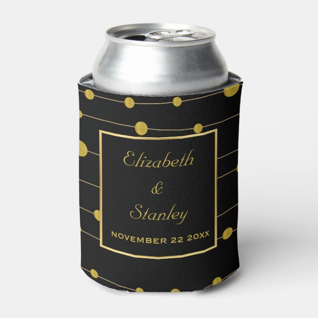 Gold foil beads and frame modern black wedding can cooler (Can Front)