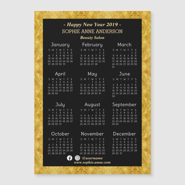 Gold Foil Beauty Salon Mini Calendar 2019 (Front)