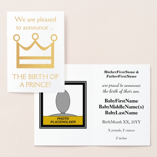 Gold Foil "BIRTH OF A PRINCE!" Baby Announcement (Display)