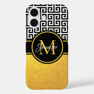 Gold Foil Black and White Greek Key Monogram iPhone 16 Case