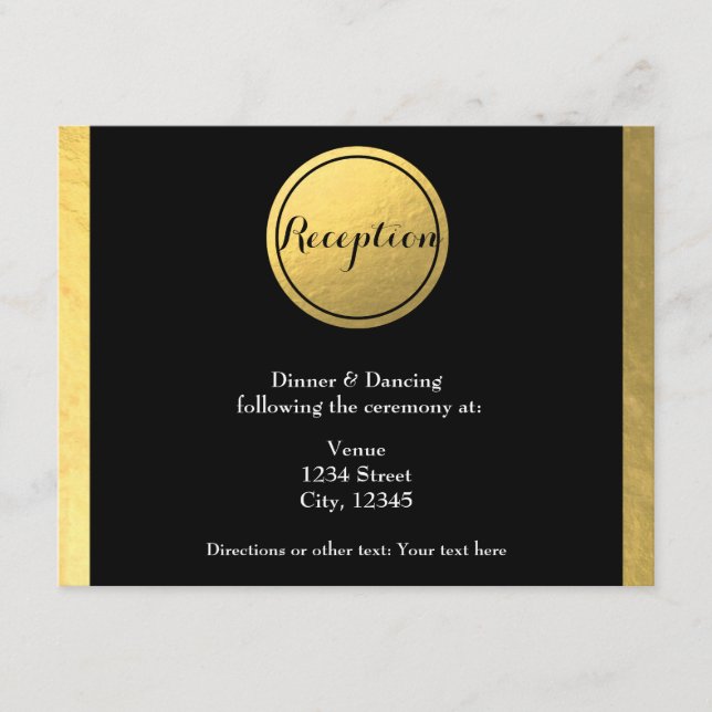 Gold Foil & Black Circle Wedding Reception Card (Front)