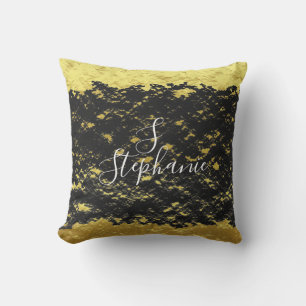 Gold Foil Black Glittery Sparkles Monogram Initial Outdoor Pillow
