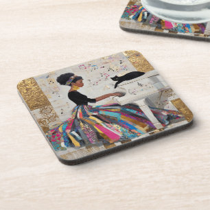 Gold Foil Black Lady Pianist and Cat Coaster