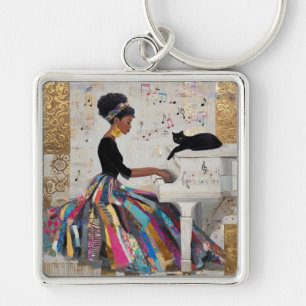 Gold Foil Black Lady Pianist and Cat Keychain