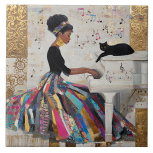 Gold Foil Black Lady Pianist and Cat Tile