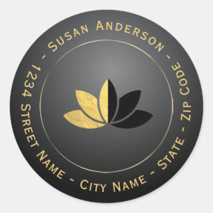 Gold Foil & Black Lotus Flower Address Label