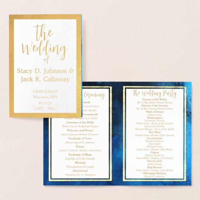 Gold Foil Blue Galaxy Wedding Program  Card (Display)