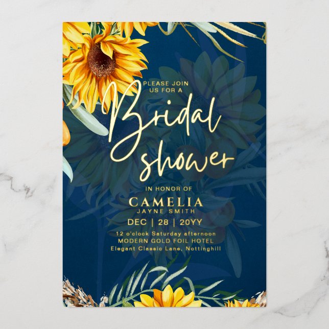 GOLD FOIL Blue Sunflowers BRIDAL SHOWER QR Code Fo (Front)