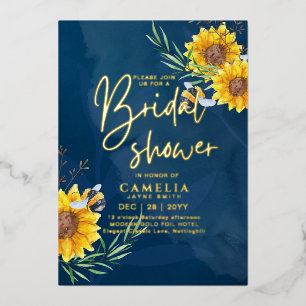 GOLD FOIL Blue Sunflowers BRIDAL SHOWER QR Code Fo