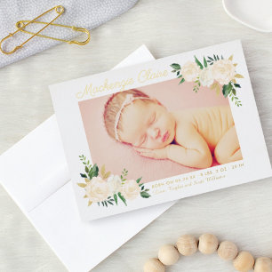 Gold Foil Blush Floral Photo Birth Announcement