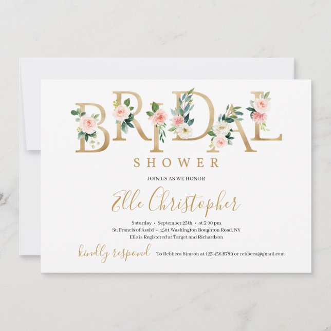 Gold foil blush pink floral letters bridal invite (Front)