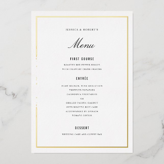 Gold Foil Border Elegant Wedding Menu Card (Front)