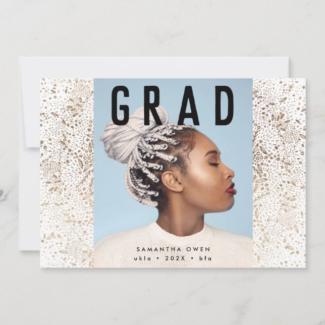 Gold Foil Botanicals and Black Text Grad Photo Announcement (Front)