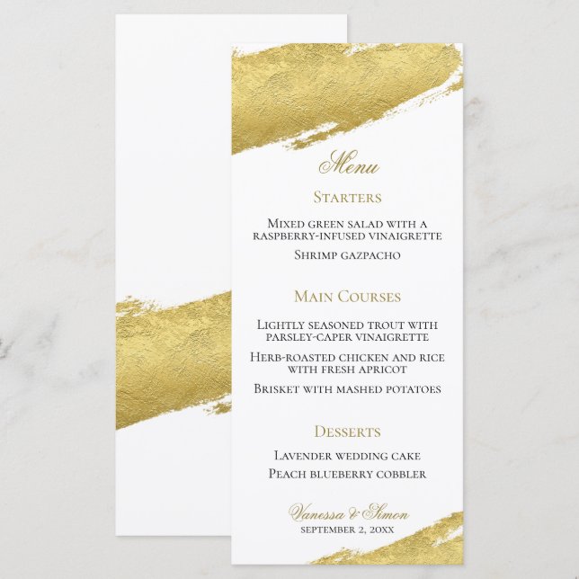 Gold foil brush stroke elegant modern wedding menu (Front/Back)