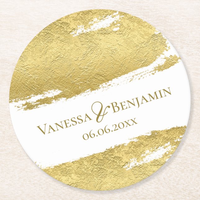 Gold foil brush stroke elegant modern wedding round paper coaster (Front)