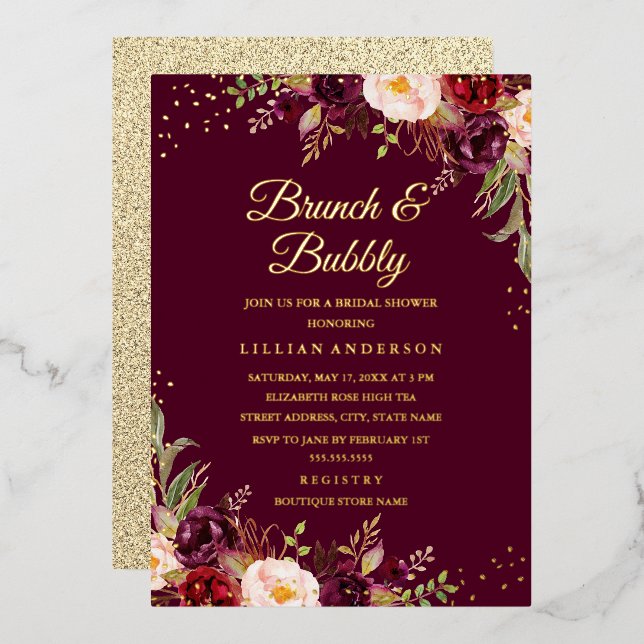GOLD FOIL Burgundy Floral Brunch And Bubbly (Front/Back)