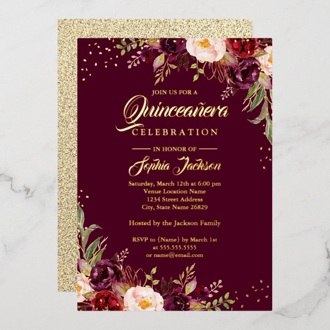 GOLD FOIL Burgundy Floral Quinceanera  (Front/Back)