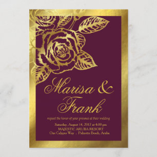 Gold Foil Burgundy Vintage Botanical Flowers Invitation