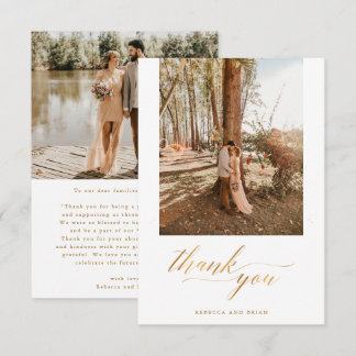 Gold Foil Calligraphy Custom 2 Photo Wedding Thank You Card