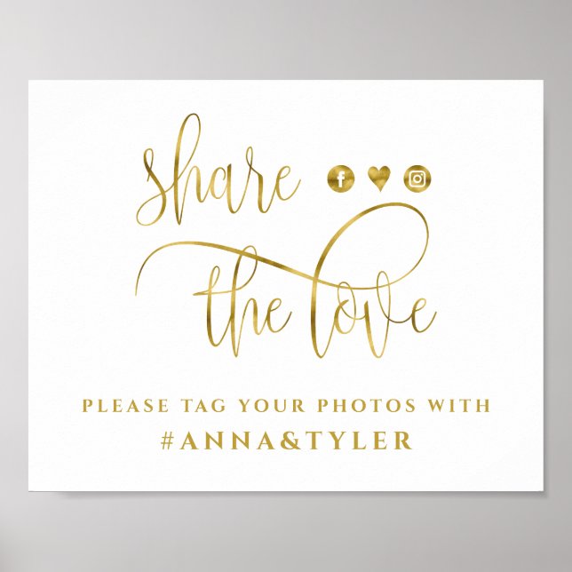 Gold Foil Calligraphy Wedding Hashtag Share Love Poster (Front)