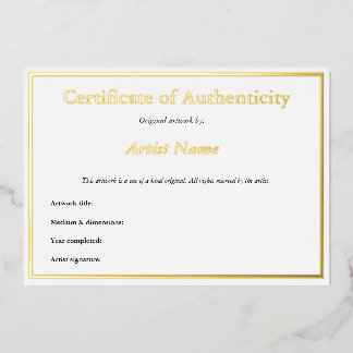 Gold Foil Certificate of Authenticity for Art