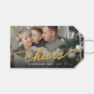 Gold Foil Cheers Calligraphy Script Photo Holiday Gift Tags