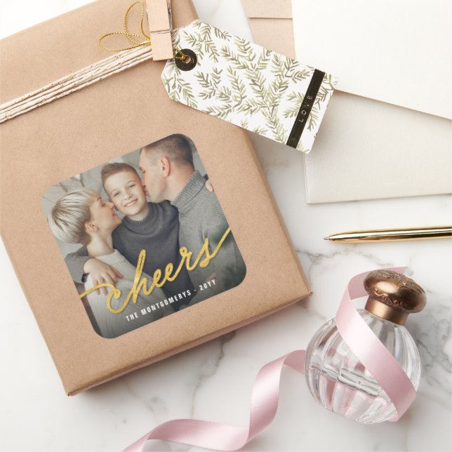Gold Foil Cheers Calligraphy Script Photo Holiday Square Sticker (Gifting)