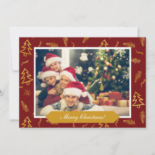 Gold Foil Christmas Tree Pattern Red Holiday Photo Card