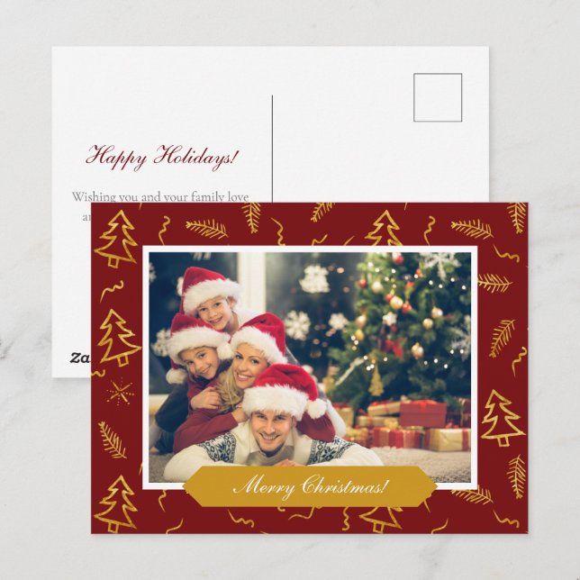 Gold Foil Christmas Tree Pattern Red Holiday Photo Postcard (Front/Back)