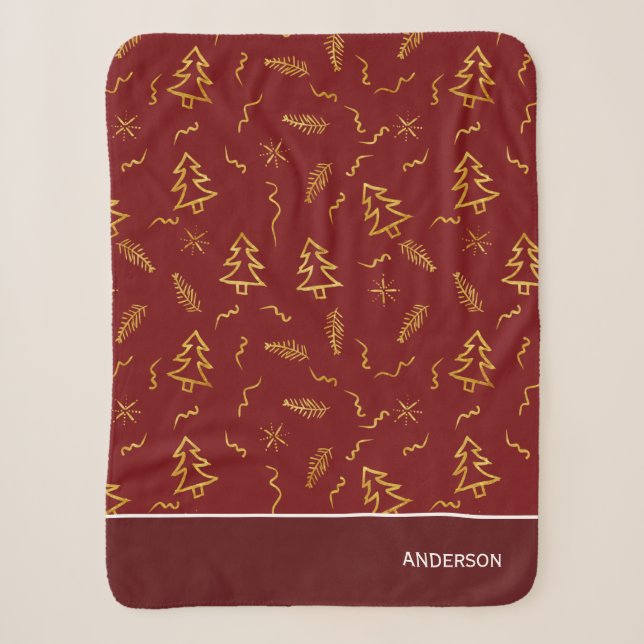 Gold Foil Christmas Tree Pattern Red Holiday Sherpa Blanket (Front)