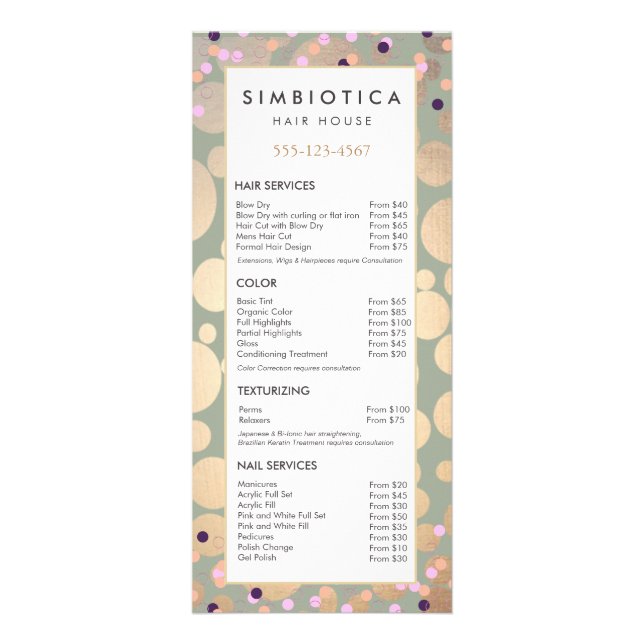 Gold Foil Circles Confetti Salon Service Menu 2 (Front)