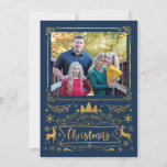 Gold Foil Collage on Navy Blue Photo Christmas Holiday Card<br><div class="desc">A collage of festive shapes and text that reads "A Very Merry Christmas" in a faux gold foil effect on a navy blue background. Openings for a photo are included on both the front and back. Add your family name and the year to personalize this whimsical holiday card.</div>