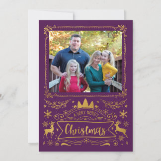 Gold Foil Collage on Purple Photo Christmas Holiday Card