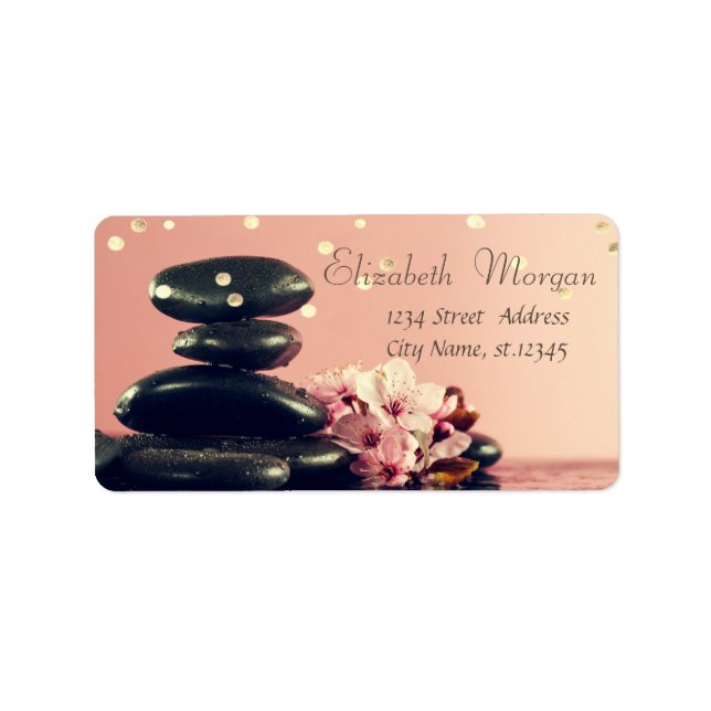 Gold Foil Confetti Black Zen Stones Flowers Label (Front)