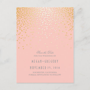 gold foil confetti blush pink save the date announcement postcard