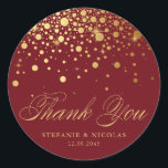 Gold Foil Confetti Burgundy Wedding Thank You Classic Round Sticker<br><div class="desc">These wedding thank you stickers feature a stylish faux gold foil confetti dot design paired with elegant script for a polished, modern look. Available in a variety of background colours, they can be customized with your names and wedding date to suit your event. Perfect for sealing favour bags, gift boxes,...</div>