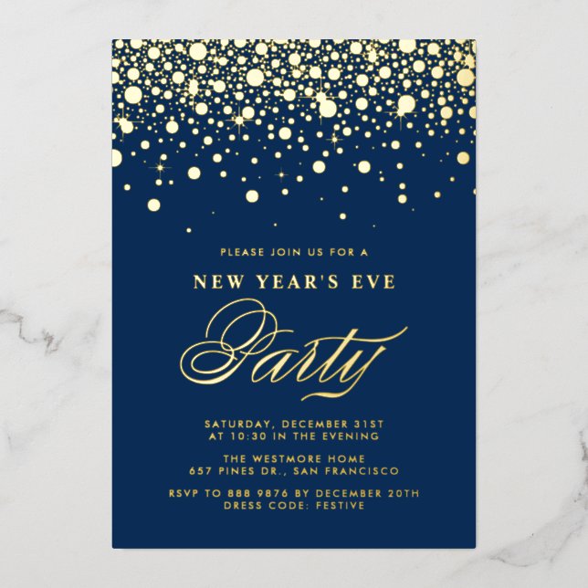 Gold Foil Confetti Dots Blue New Year's Eve Party (Front)