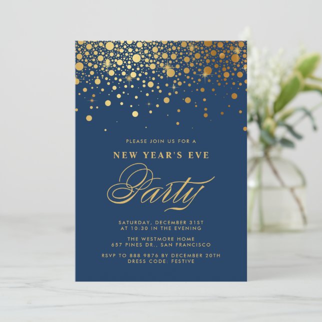 Gold Foil Confetti Dots Blue New Year's Eve Party Invitation (Standing Front)