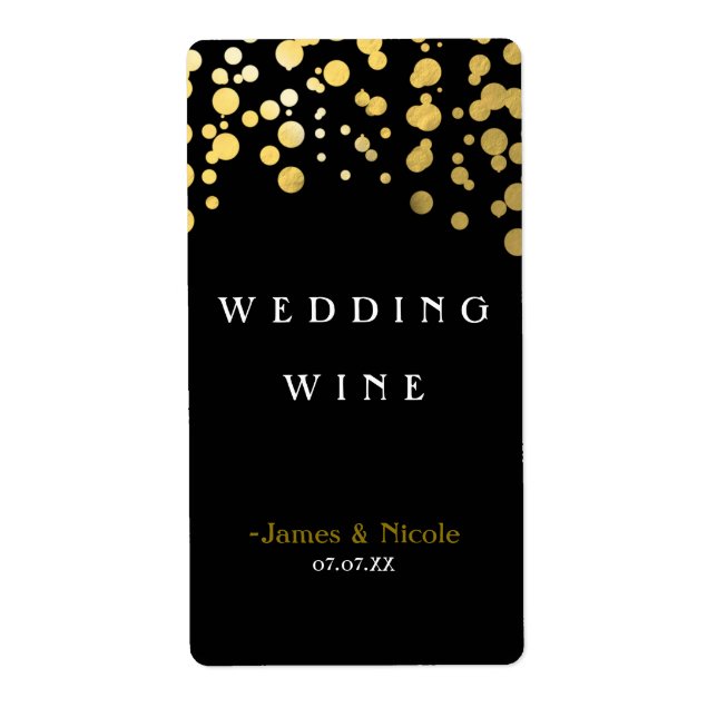 Gold Foil Confetti Dots Elegant Black Wine Label (Front)