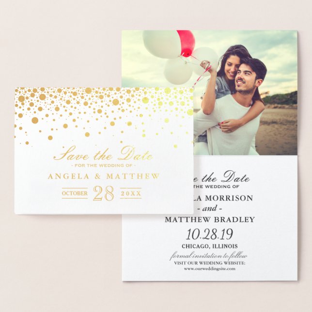 Gold Foil Confetti Dots Wedding Save the Date Card (Display)