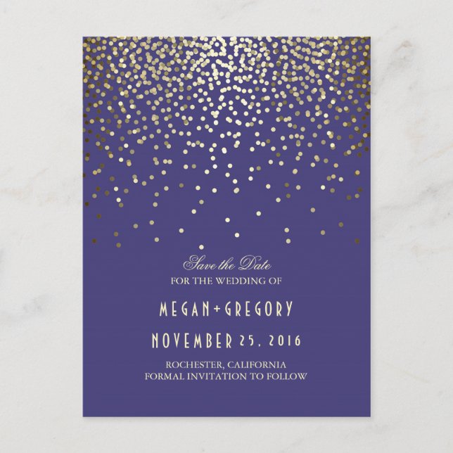 gold foil confetti navy save the date announcement postcard (Front)