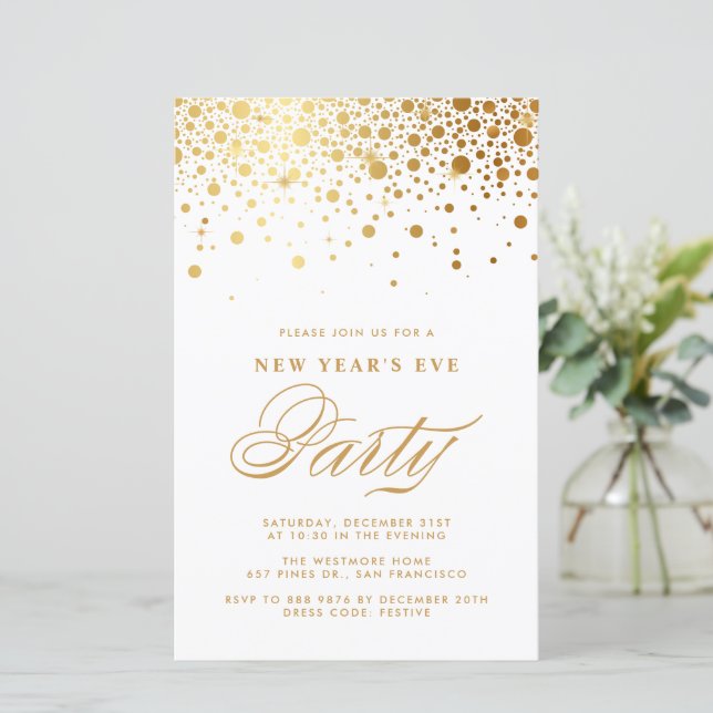 Gold Foil Confetti New Year's Eve Party Invitation (Standing Front)