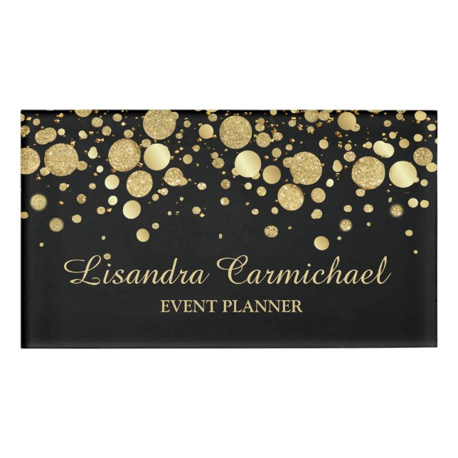 Gold Foil Confetti On Black Name Tag (Front)