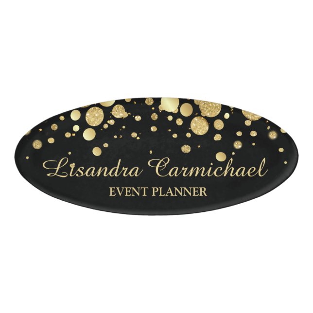 Gold Foil Confetti On Black Oval Name Tag (Front)