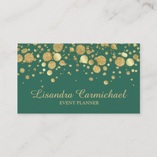 Gold Foil Confetti On Green Business Card (Front)