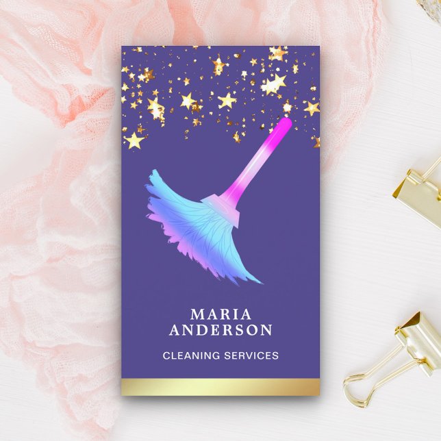 Gold Foil Confetti Purple Duster Cleaning Service Business Card (Creator Uploaded)